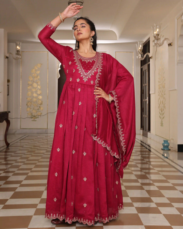 Wedding Special Soft Silk Suit | Rani Pink Embroidered Dupatta Set
