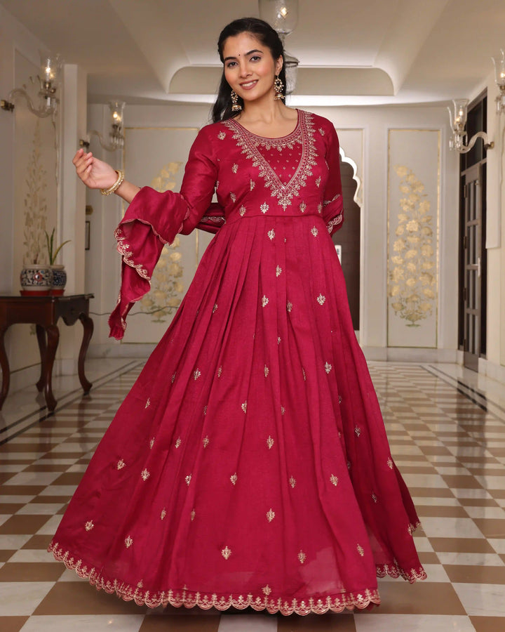 Wedding Special Soft Silk Suit | Rani Pink Embroidered Dupatta Set