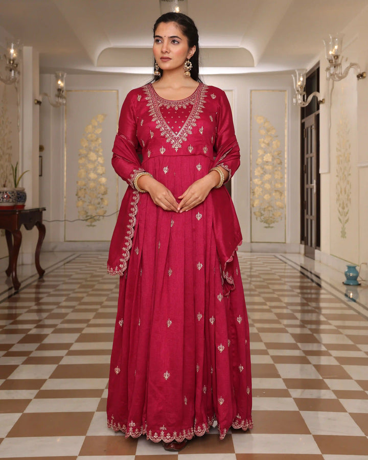 Wedding Special Soft Silk Suit | Rani Pink Embroidered Dupatta Set