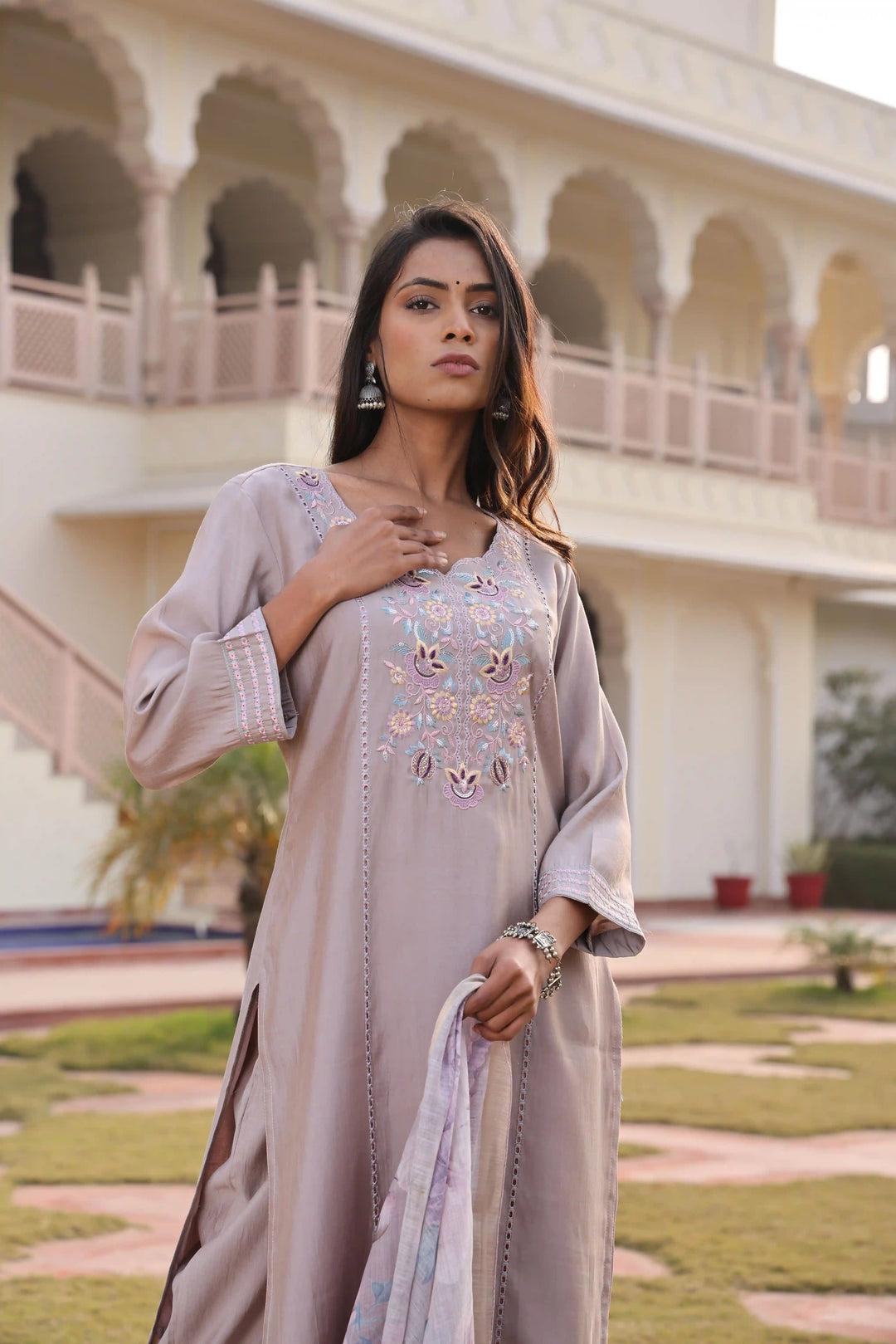 Premium Ethnic Suit | Lavender Cotton Silk with Jacquard Shimmer Dupatta