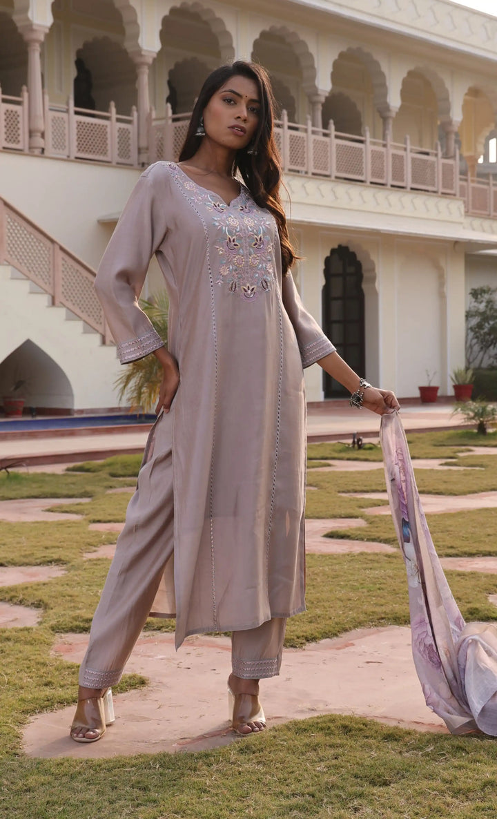 Premium Ethnic Suit | Lavender Cotton Silk with Jacquard Shimmer Dupatta