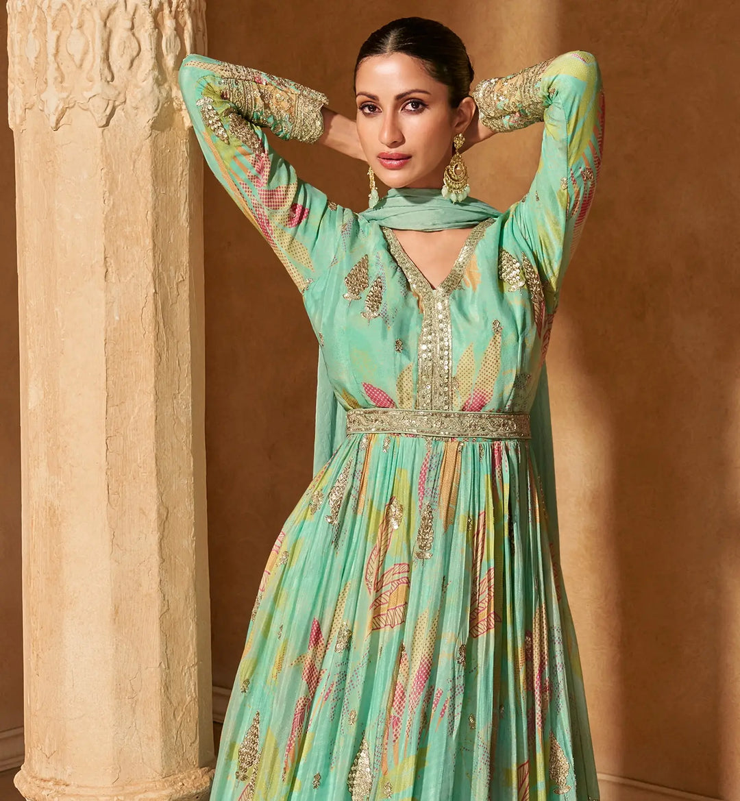Sea Green Anarkali Gown | Printed & Embroidered Work with Dupatta