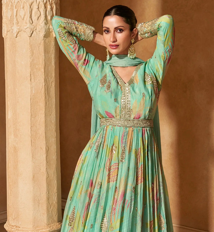 Sea Green Anarkali Gown | Printed & Embroidered Work with Dupatta
