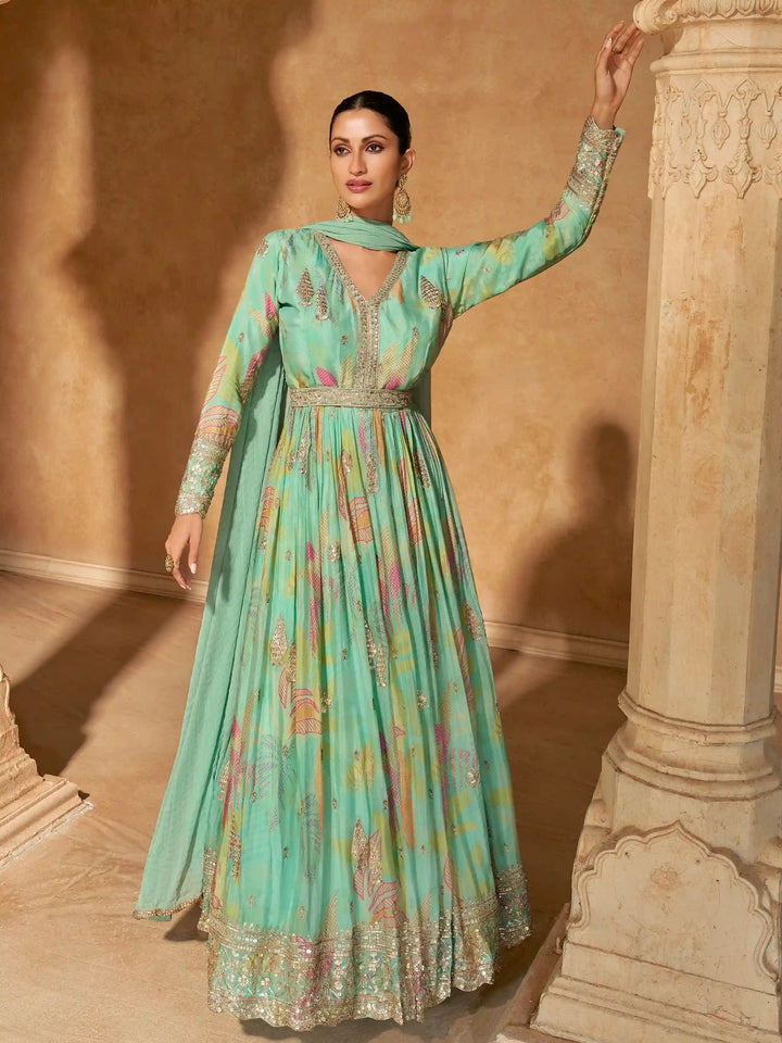 Sea Green Anarkali Gown | Printed & Embroidered Work with Dupatta