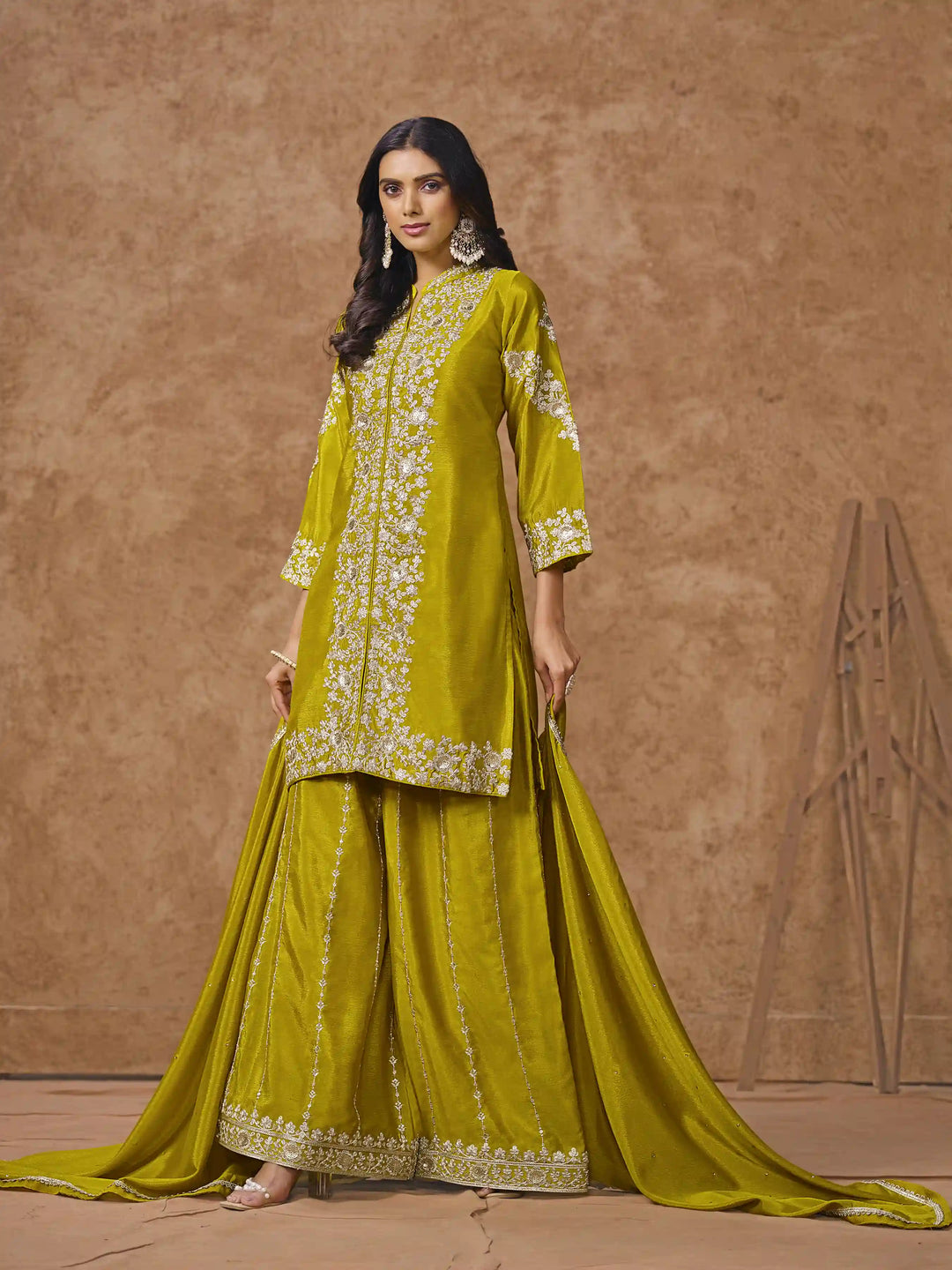 Designer Chinon Suit | Embroidered Palazzo Set with Dupatta Festive Wear