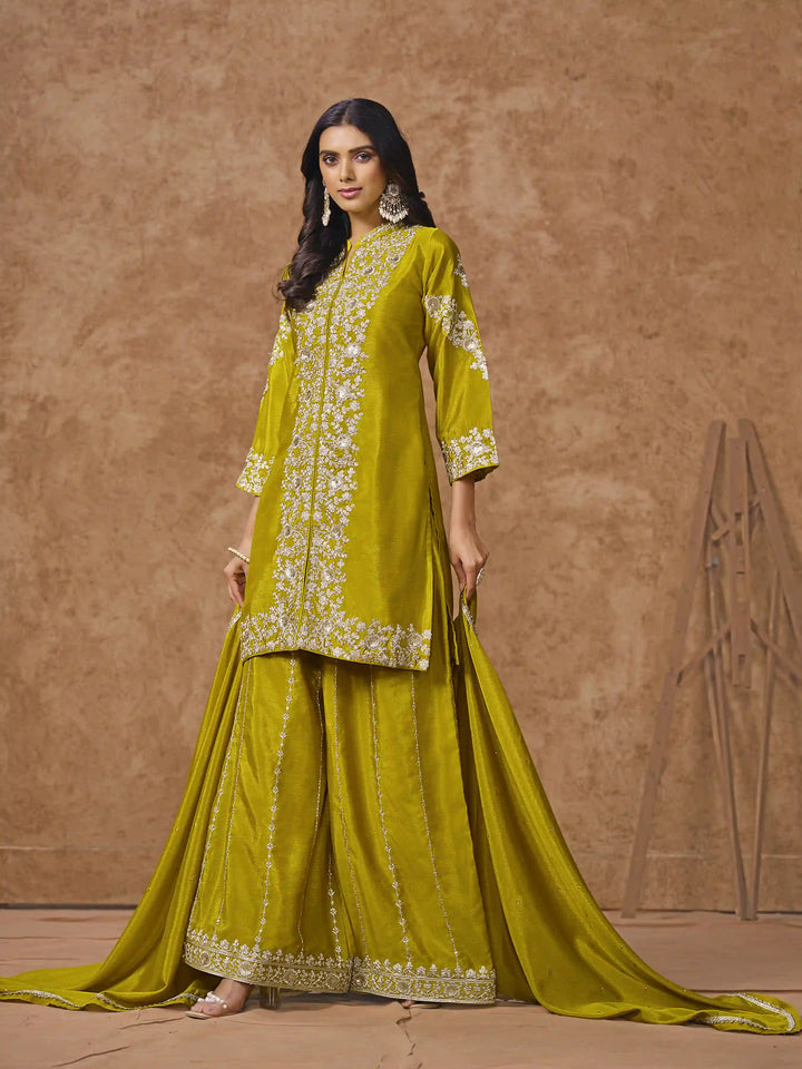 Designer Chinon Suit | Embroidered Palazzo Set with Dupatta Festive Wear