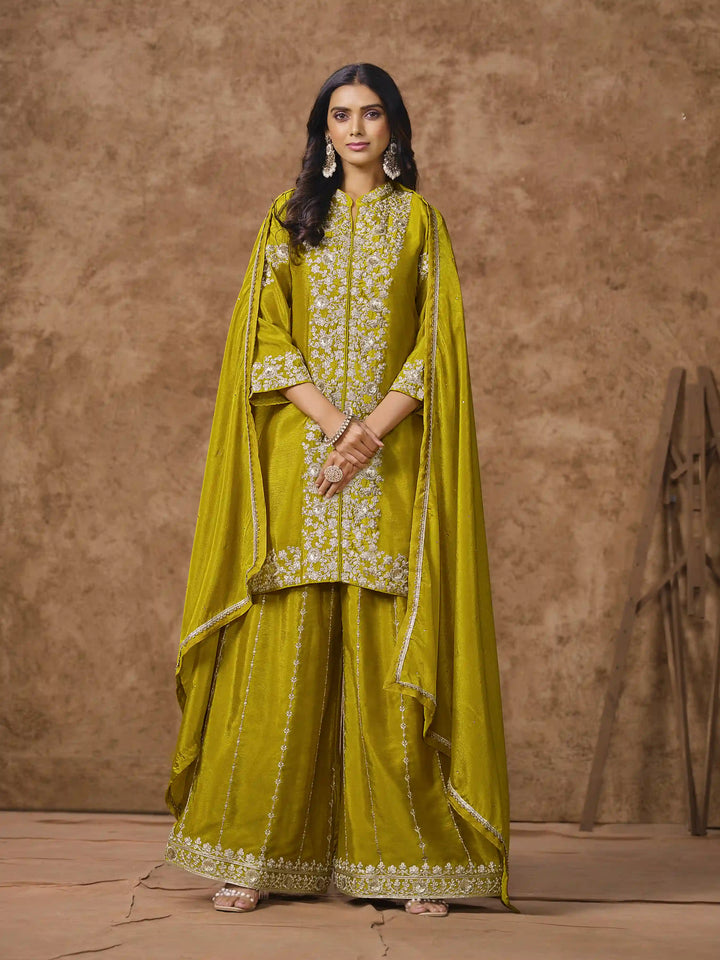 Designer Chinon Suit | Embroidered Palazzo Set with Dupatta Festive Wear