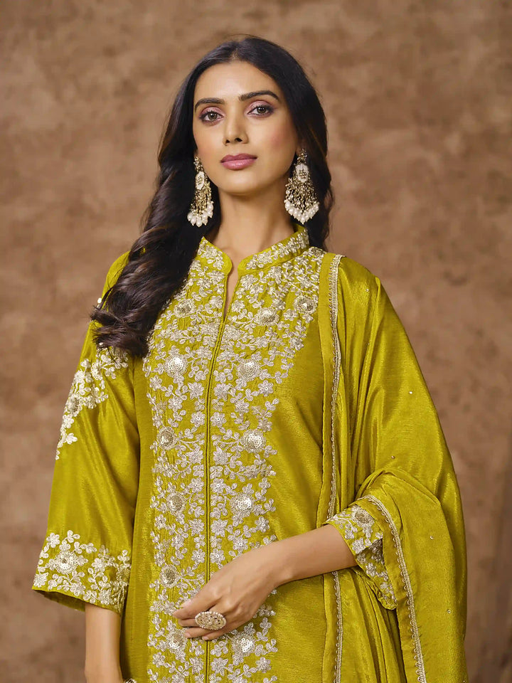 Designer Chinon Suit | Embroidered Palazzo Set with Dupatta Festive Wear