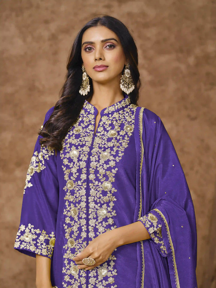 Designer Chinon Suit | Embroidered Palazzo Set with Dupatta Festive Wear