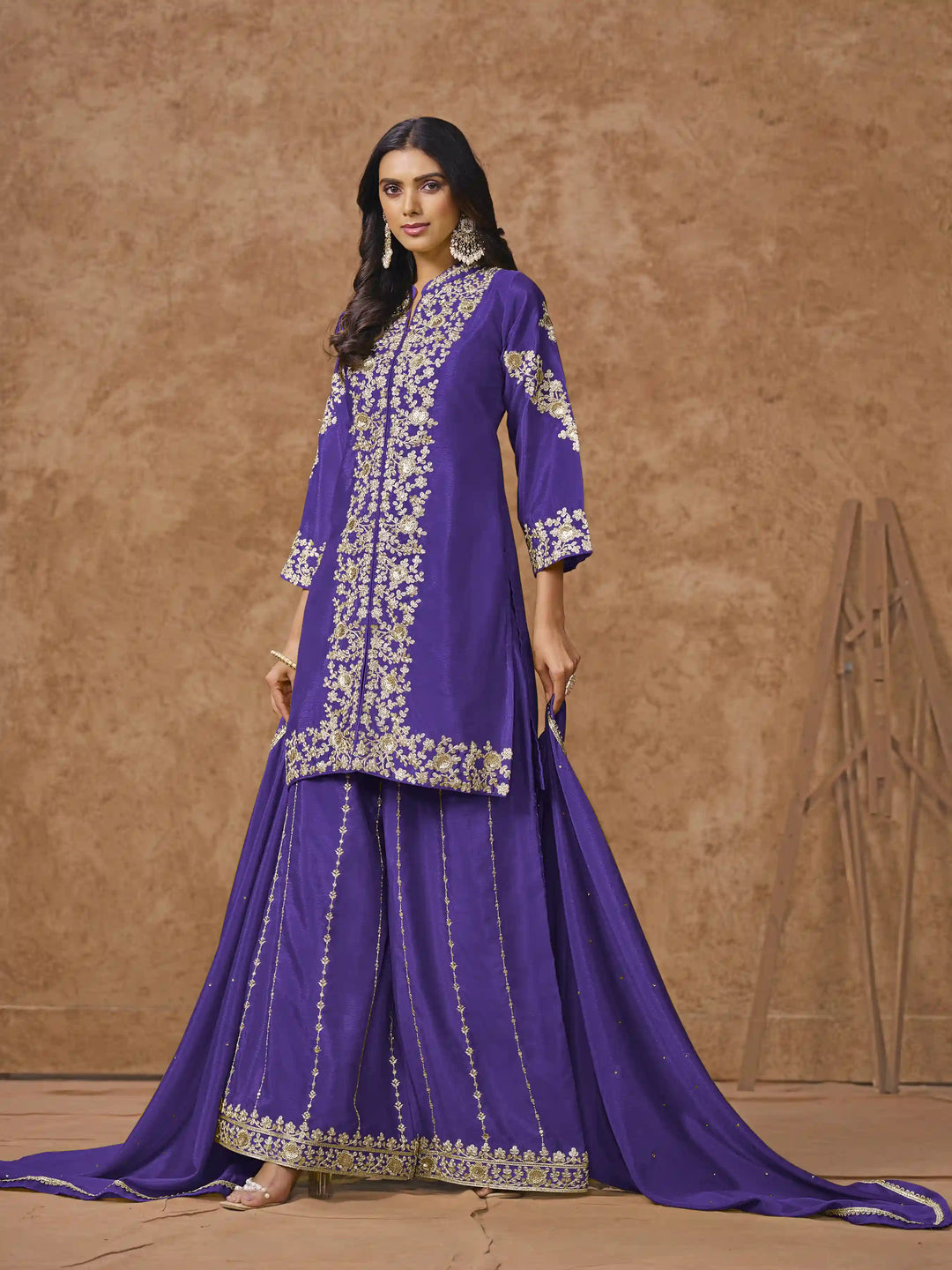 Designer Chinon Suit | Embroidered Palazzo Set with Dupatta Festive Wear