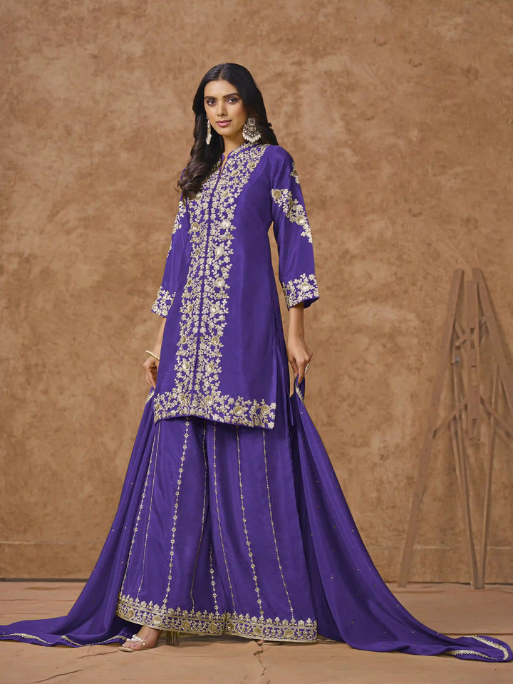 Designer Chinon Suit | Embroidered Palazzo Set with Dupatta Festive Wear
