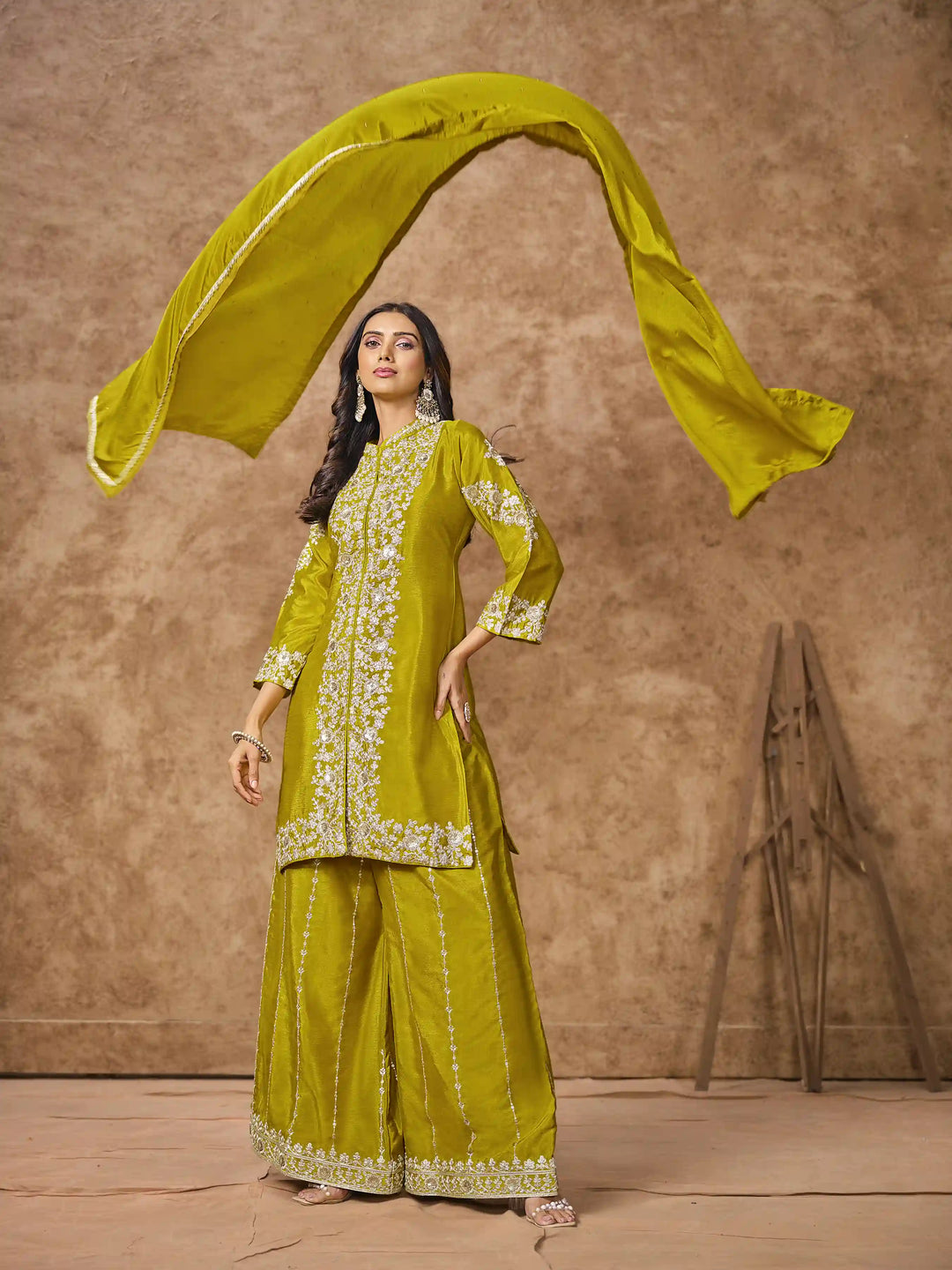 Designer Chinon Suit | Embroidered Palazzo Set with Dupatta Festive Wear
