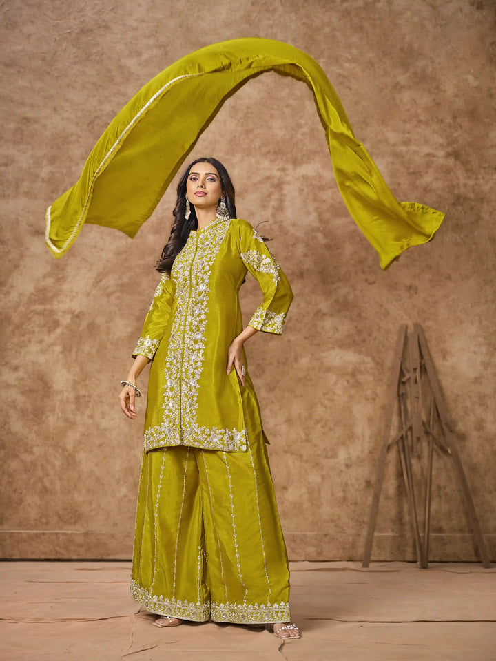 Designer Chinon Suit | Embroidered Palazzo Set with Dupatta Festive Wear