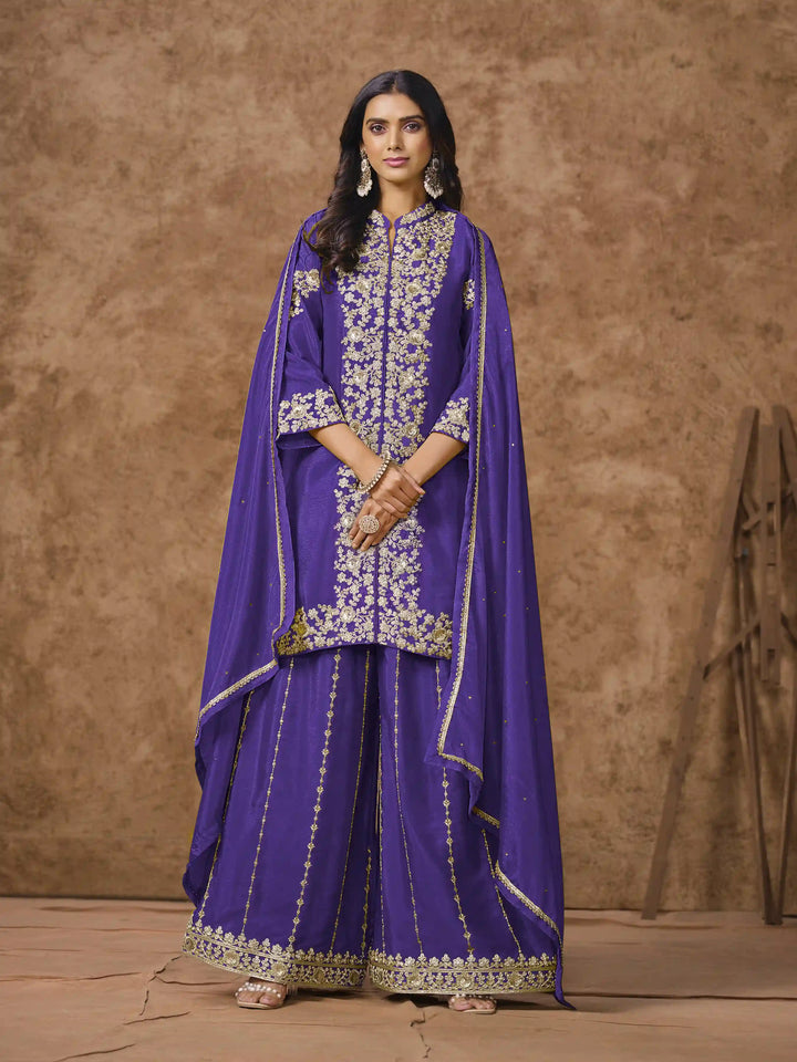 Designer Chinon Suit | Embroidered Palazzo Set with Dupatta Festive Wear