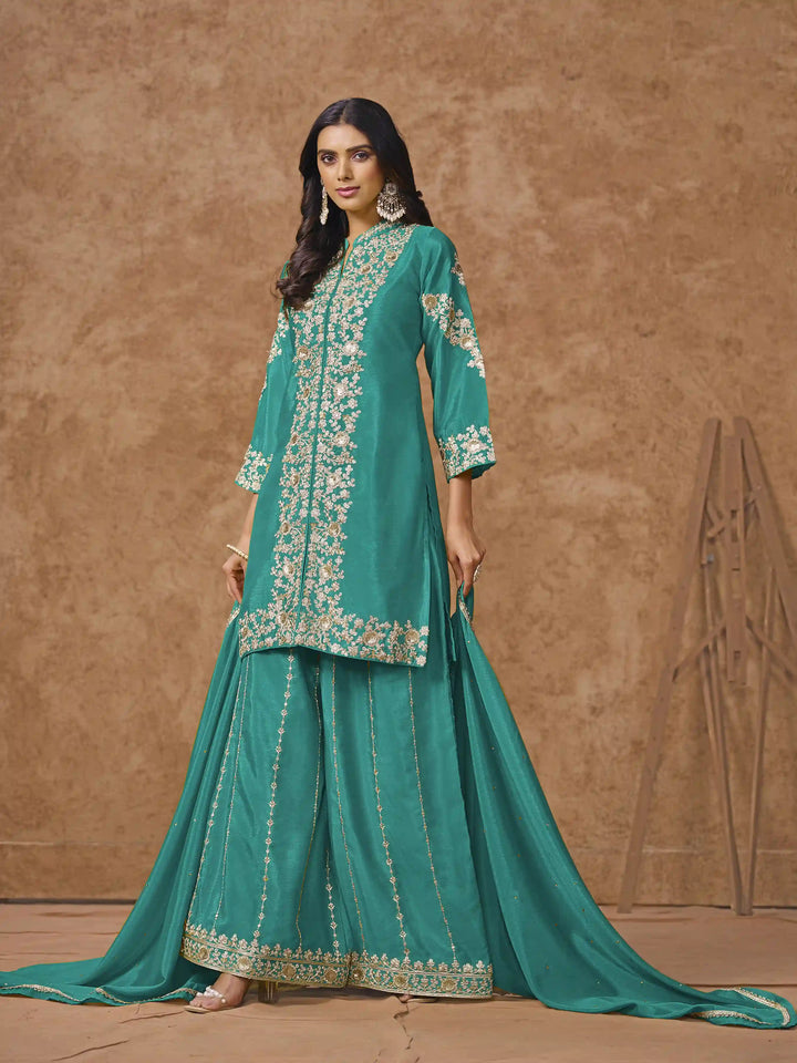 Designer Chinon Suit | Embroidered Palazzo Set with Dupatta Festive Wear