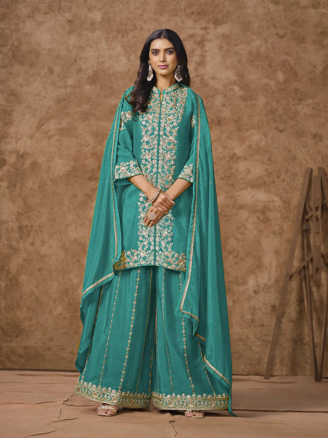 Designer Chinon Suit | Embroidered Palazzo Set with Dupatta Festive Wear