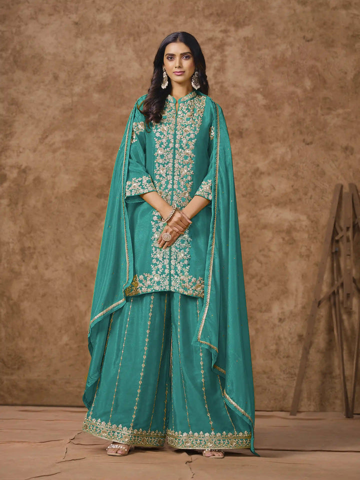 Designer Chinon Suit | Embroidered Palazzo Set with Dupatta Festive Wear