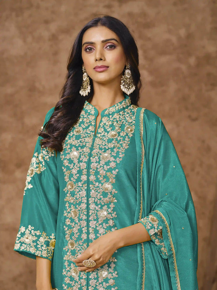 Designer Chinon Suit | Embroidered Palazzo Set with Dupatta Festive Wear