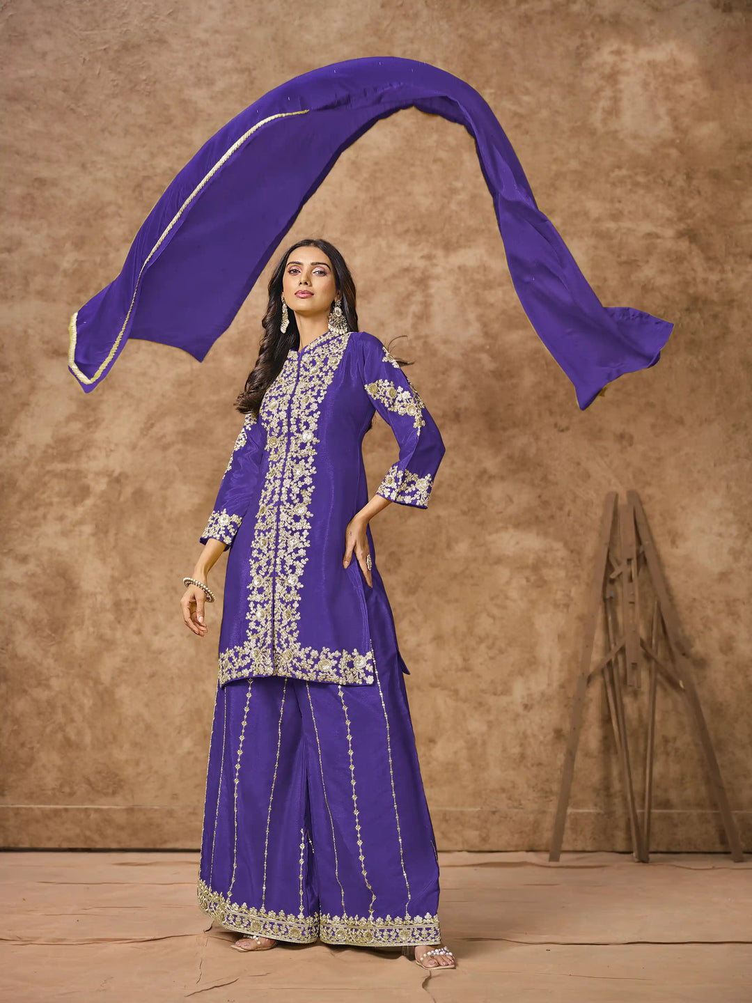 Designer Chinon Suit | Embroidered Palazzo Set with Dupatta Festive Wear