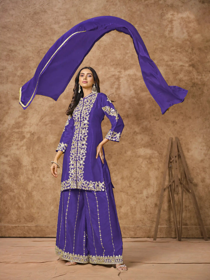 Designer Chinon Suit | Embroidered Palazzo Set with Dupatta Festive Wear