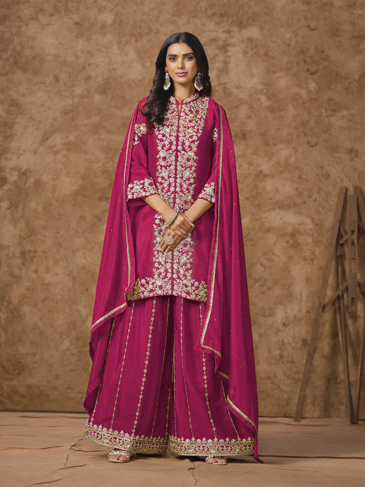 Designer Chinon Suit | Embroidered Palazzo Set with Dupatta Festive Wear
