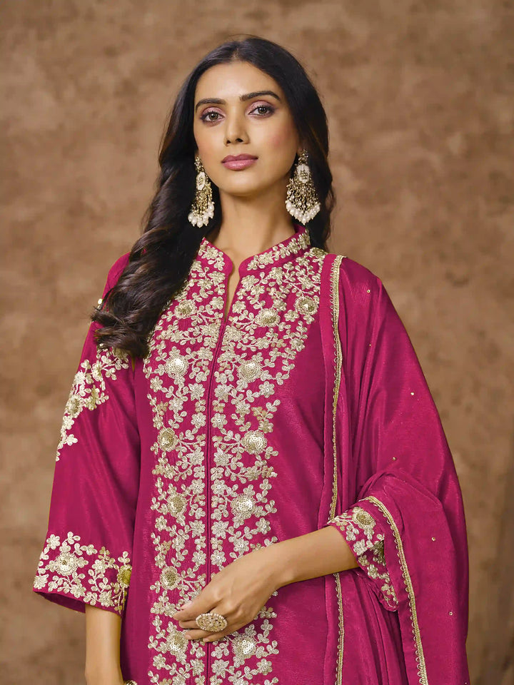 Designer Chinon Suit | Embroidered Palazzo Set with Dupatta Festive Wear