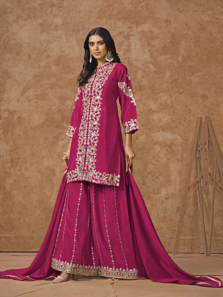 Designer Chinon Suit | Embroidered Palazzo Set with Dupatta Festive Wear