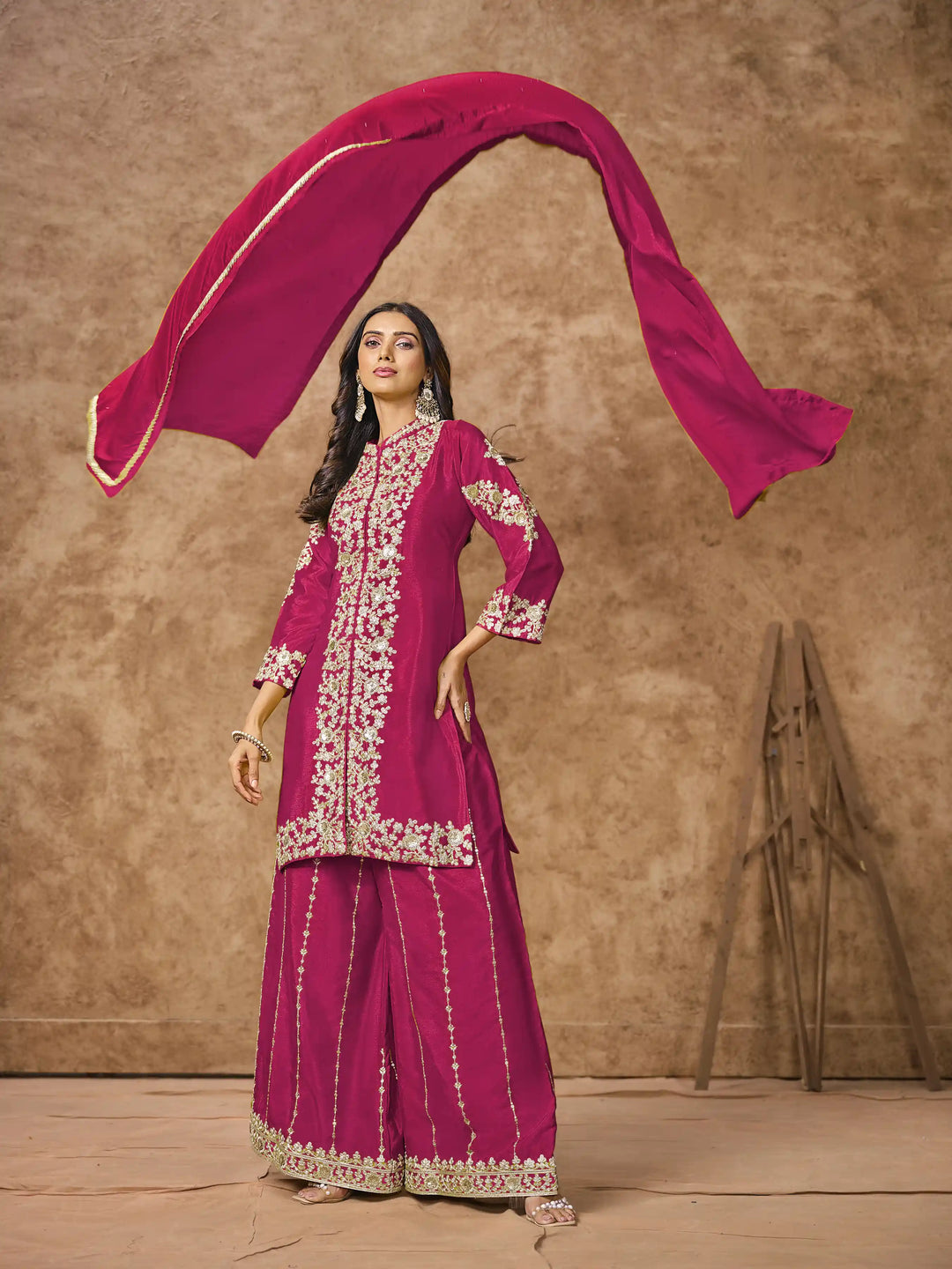 Designer Chinon Suit | Embroidered Palazzo Set with Dupatta Festive Wear