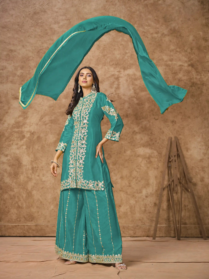 Designer Chinon Suit | Embroidered Palazzo Set with Dupatta Festive Wear
