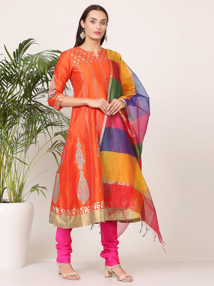 Gorgeous Orange Salwar Suit | Silk top bottom with Chanderi   dupatta