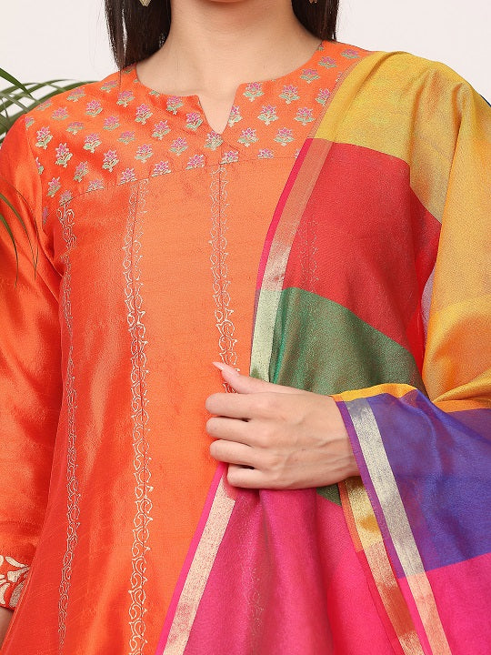 Gorgeous Orange Salwar Suit | Silk top bottom with Chanderi   dupatta