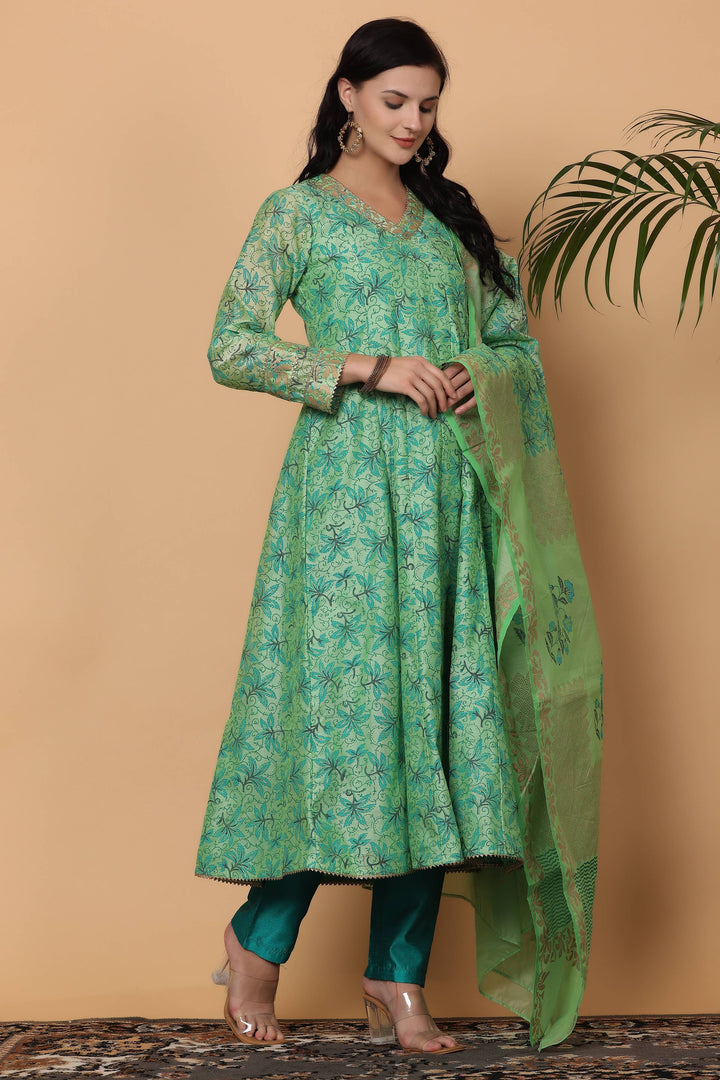 Elegant Chanderi Suit in Parrot Green | Designer Block Printed for Festive Occasions