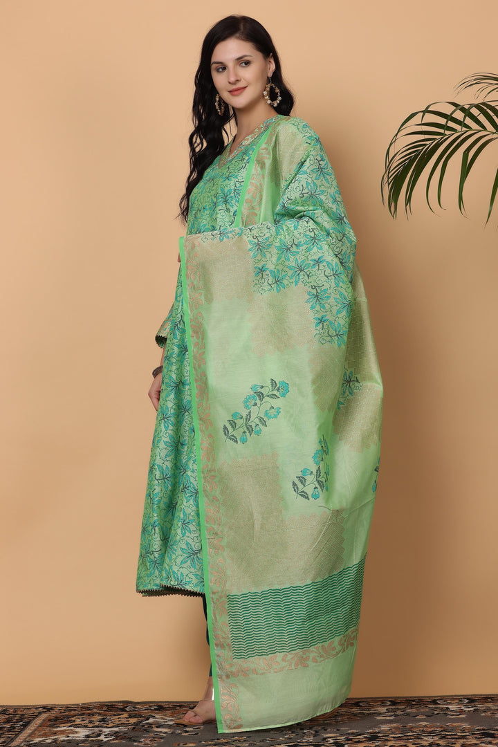 Elegant Chanderi Suit in Parrot Green | Designer Block Printed for Festive Occasions