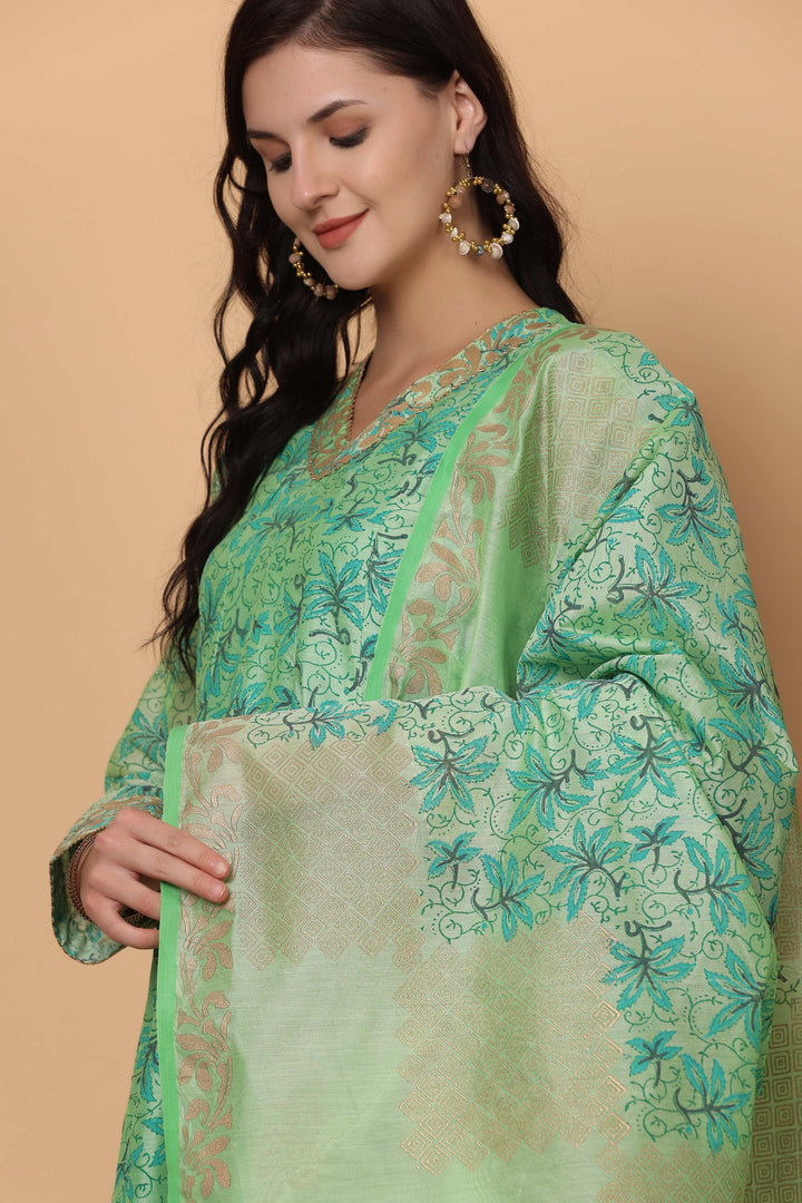 Elegant Chanderi Suit in Parrot Green | Designer Block Printed for Festive Occasions