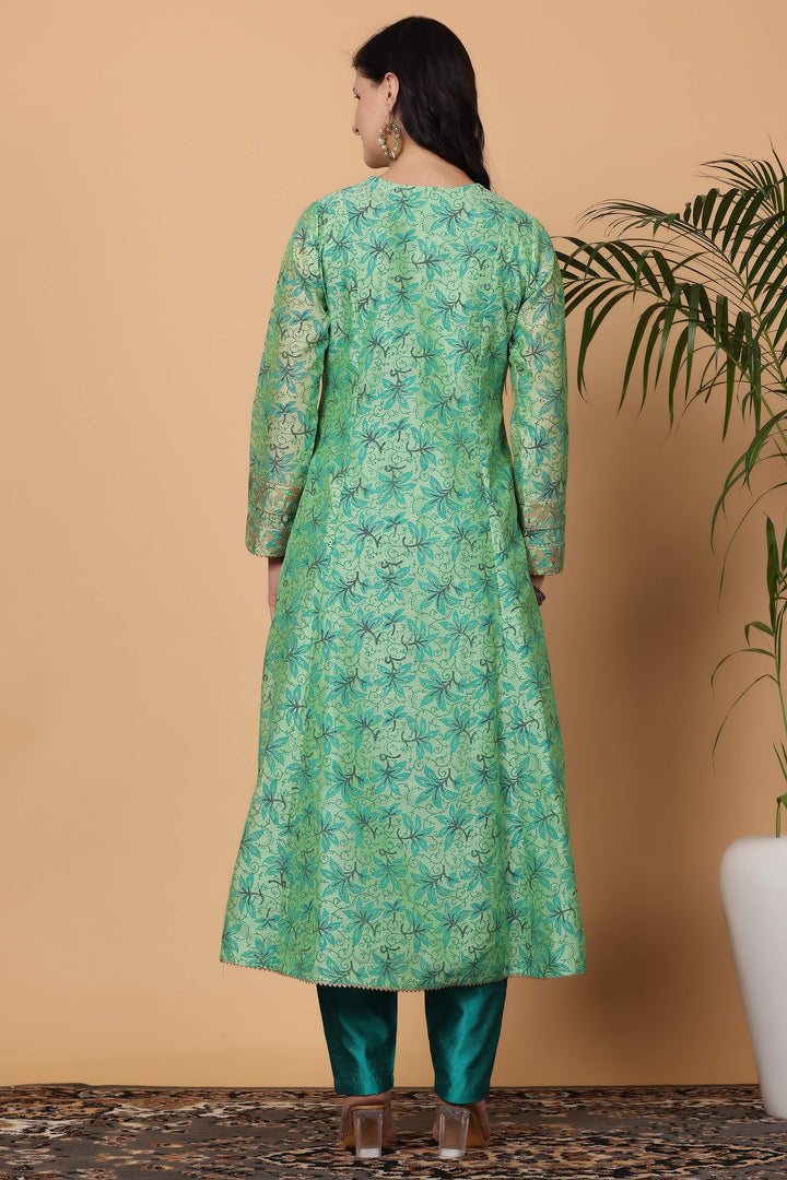 Elegant Chanderi Suit in Parrot Green | Designer Block Printed for Festive Occasions