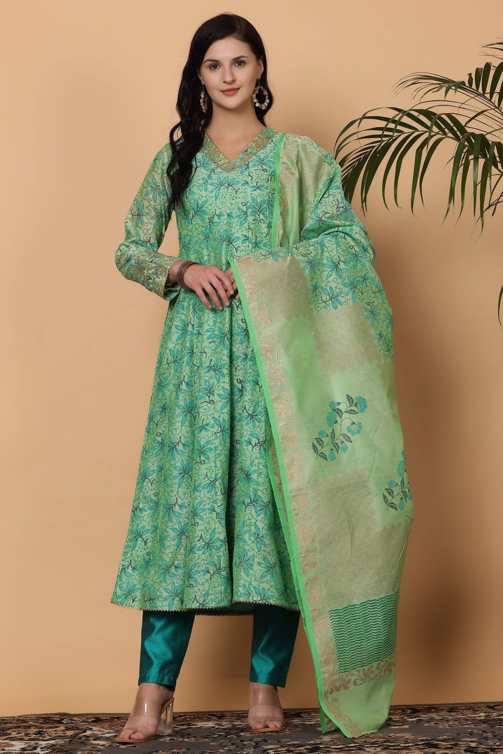 Elegant Chanderi Suit in Parrot Green | Designer Block Printed for Festive Occasions