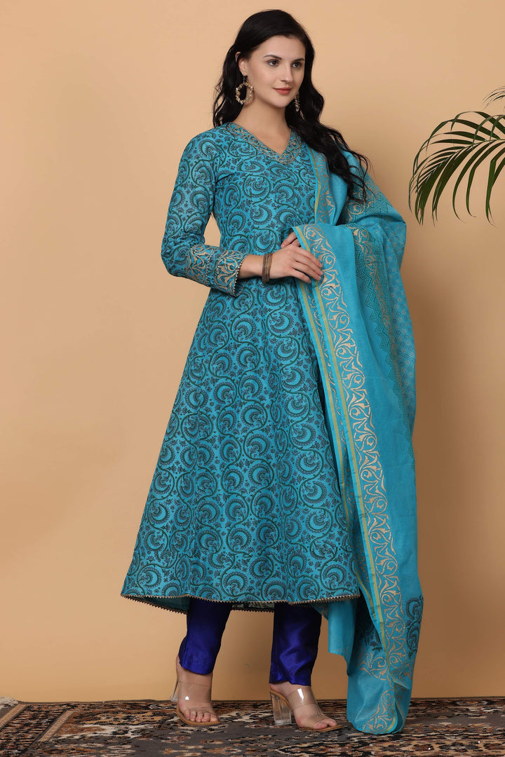Elegant Sea Blue Chanderi Top Matched with Silk Bottom | Enhanced by a Beautiful Chanderi   Dupatta