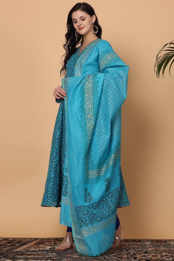 Elegant Sea Blue Chanderi Top Matched with Silk Bottom | Enhanced by a Beautiful Chanderi   Dupatta