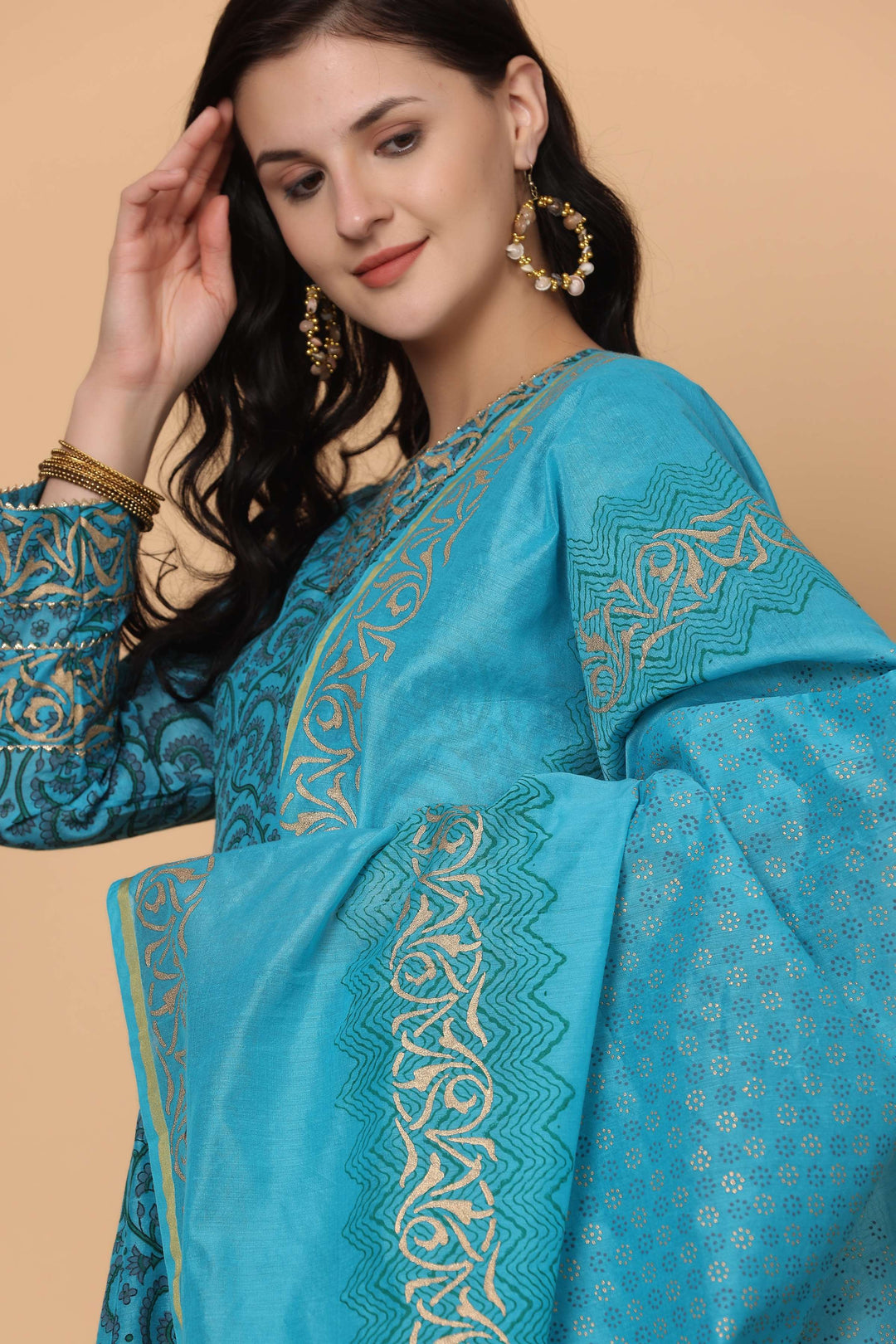 Elegant Sea Blue Chanderi Top Matched with Silk Bottom | Enhanced by a Beautiful Chanderi   Dupatta