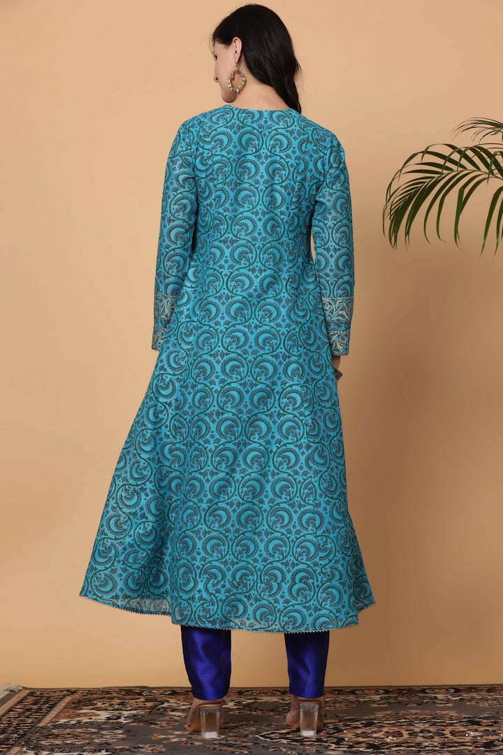 Elegant Sea Blue Chanderi Top Matched with Silk Bottom | Enhanced by a Beautiful Chanderi   Dupatta