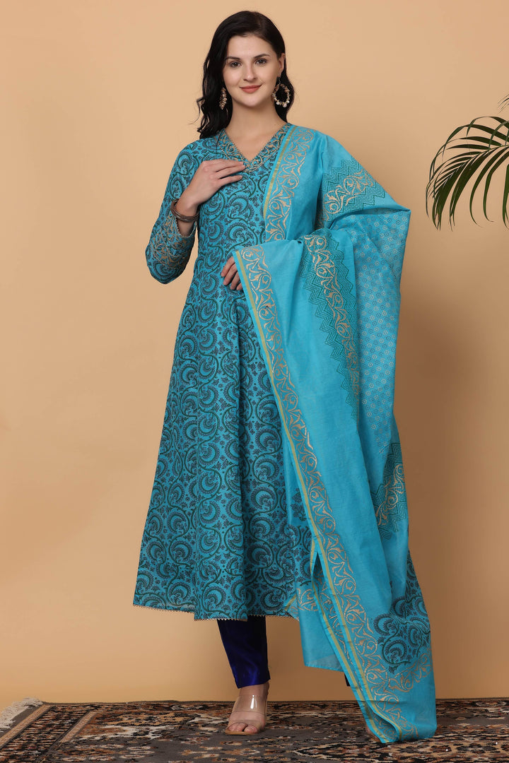 Elegant Sea Blue Chanderi Top Matched with Silk Bottom | Enhanced by a Beautiful Chanderi   Dupatta