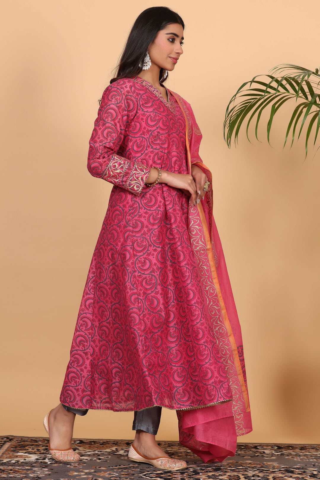 Graceful Bright Pink Chanderi Top with Silk Bottom | Finished with an Elegant Chanderi   Dupatta