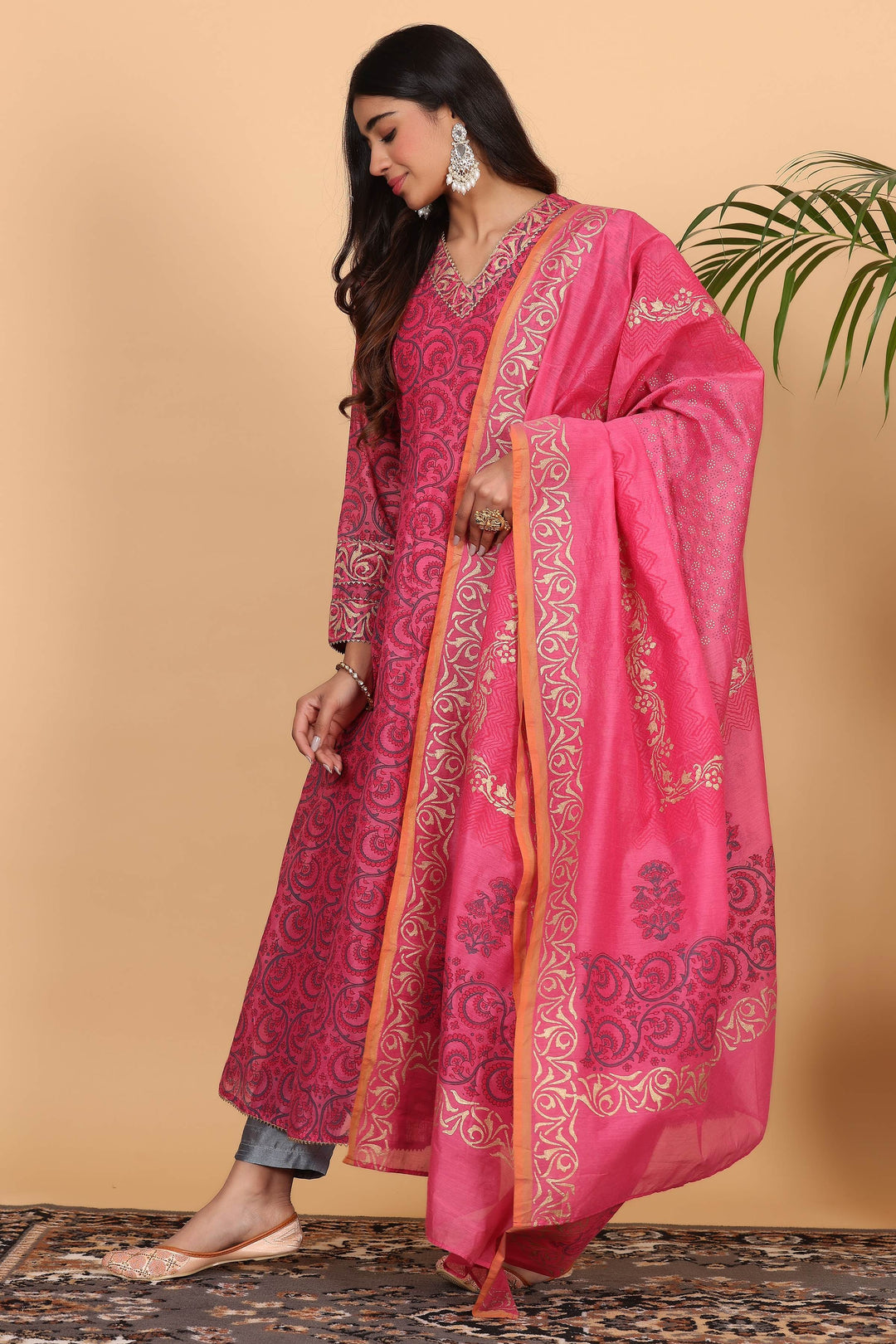 Graceful Bright Pink Chanderi Top with Silk Bottom | Finished with an Elegant Chanderi   Dupatta