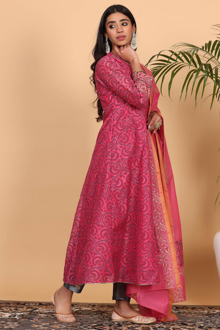 Graceful Bright Pink Chanderi Top with Silk Bottom | Finished with an Elegant Chanderi   Dupatta