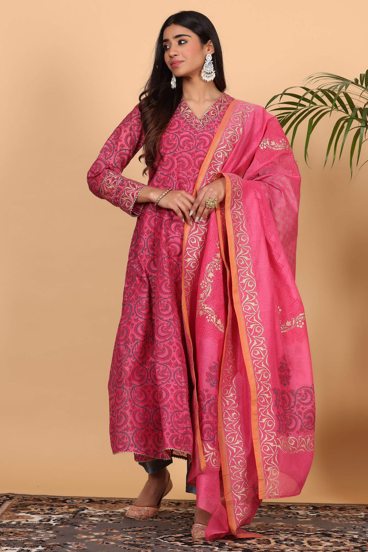 Graceful Bright Pink Chanderi Top with Silk Bottom | Finished with an Elegant Chanderi   Dupatta