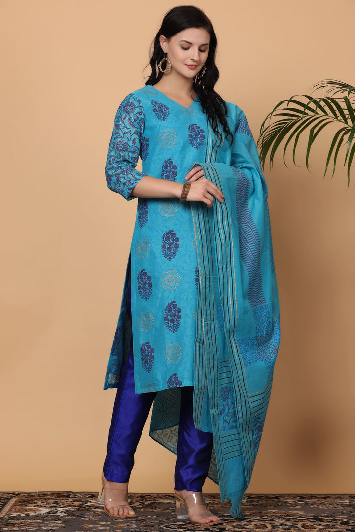 Stylish Sea Blue Chanderi Top Featuring Silk Bottom | Enhanced by a Beautiful Chanderi   Dupatta