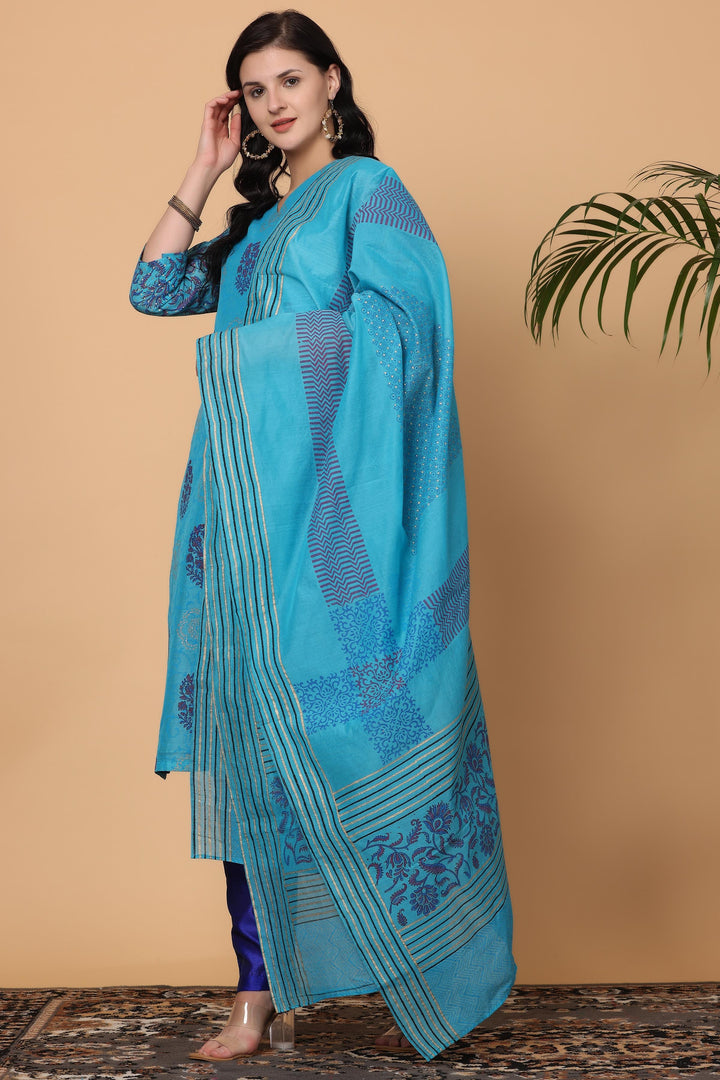 Stylish Sea Blue Chanderi Top Featuring Silk Bottom | Enhanced by a Beautiful Chanderi   Dupatta