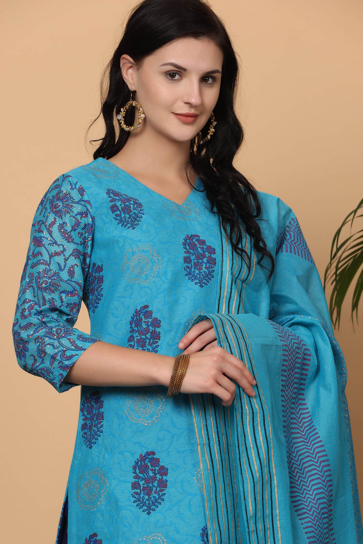 Stylish Sea Blue Chanderi Top Featuring Silk Bottom | Enhanced by a Beautiful Chanderi   Dupatta