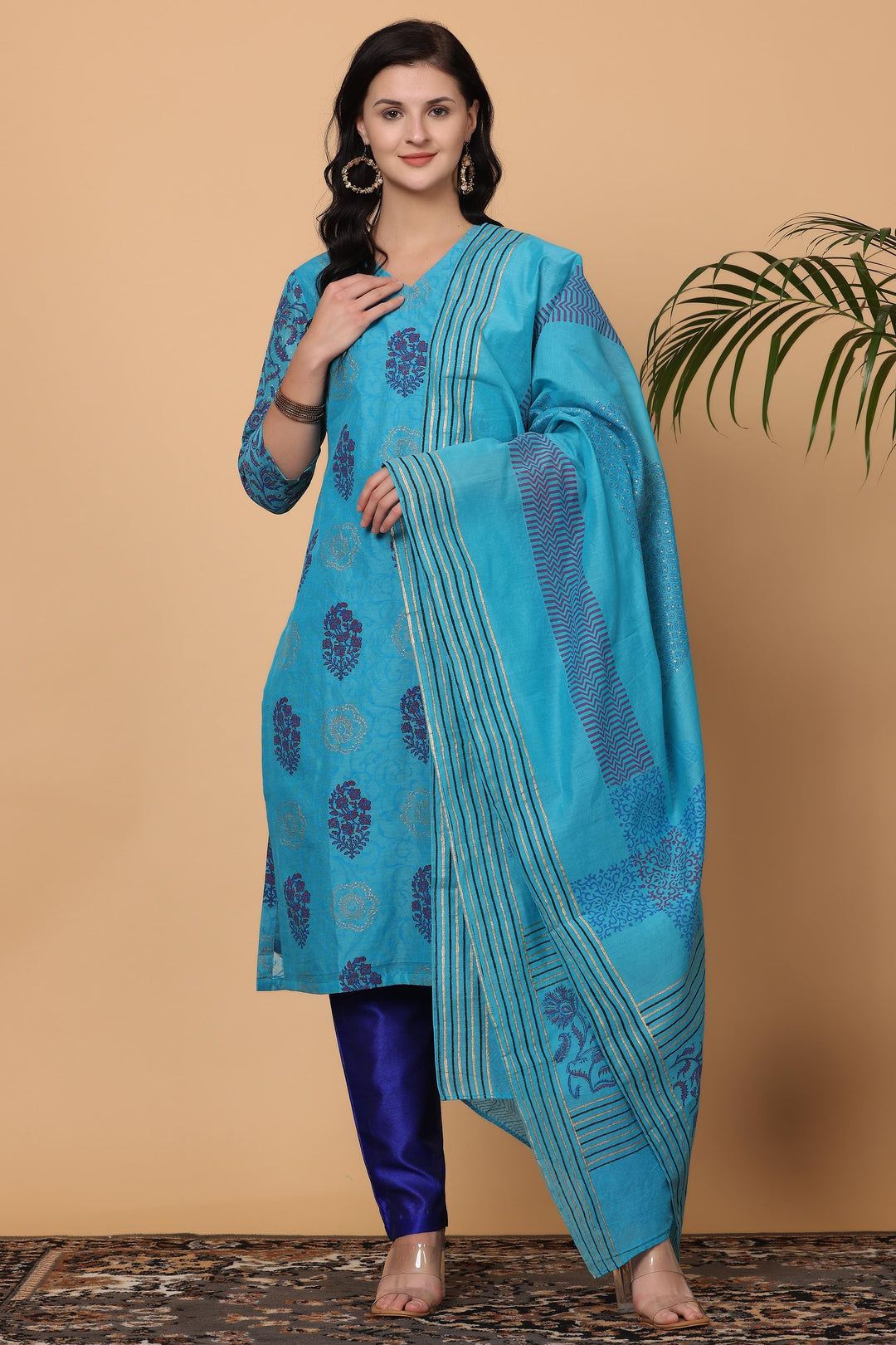 Stylish Sea Blue Chanderi Top Featuring Silk Bottom | Enhanced by a Beautiful Chanderi   Dupatta