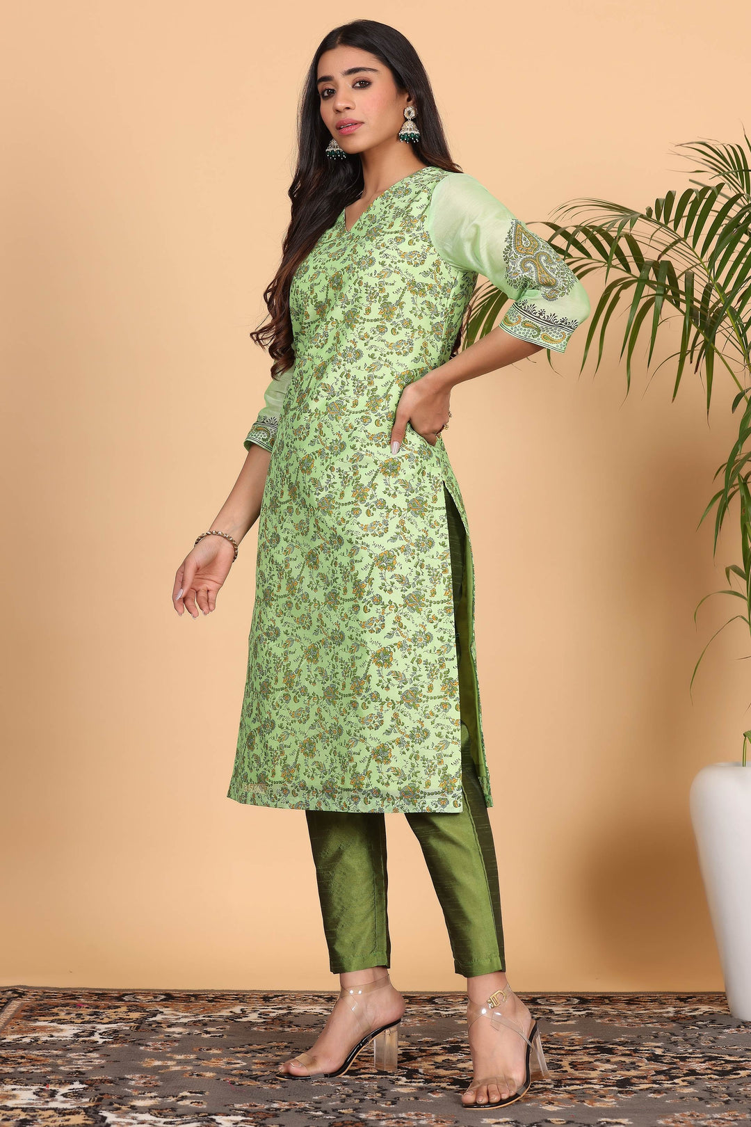 Trendy Pista Green Chanderi Top Paired with Silk Bottom | Finished with an Elegant Chanderi